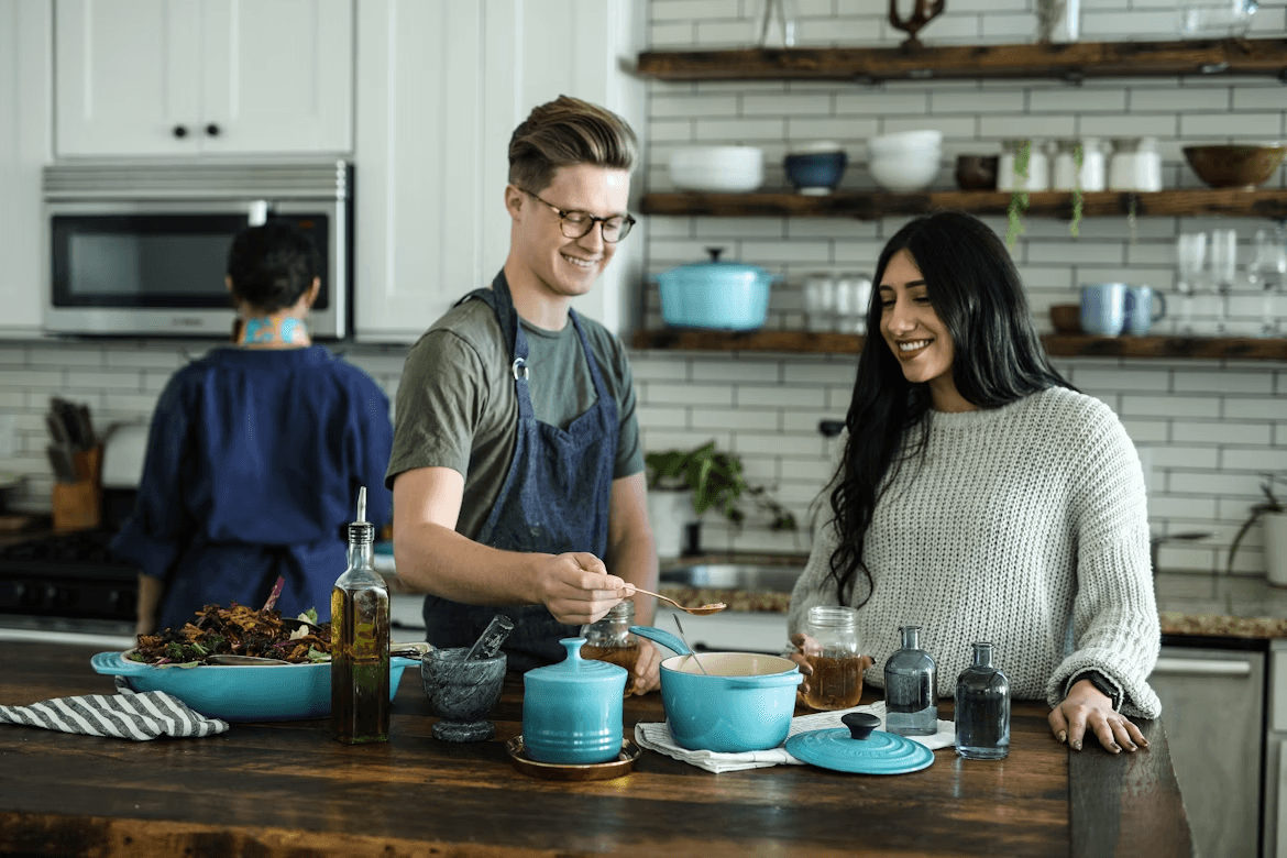 Students cooking in kitchen